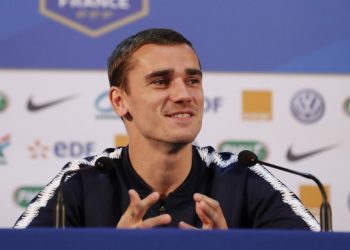 Antoine Griezmann addresses a press conference before a match of World Cup