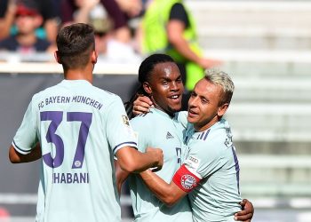 Renato Sanches (C) celebrates after scoring Bayern Munich’s second goal against PSG at Worthersee Stadion, Saturday