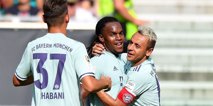 Renato Sanches (C) celebrates after scoring Bayern Munich’s second goal against PSG at Worthersee Stadion, Saturday
