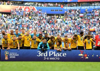 Belgium players pose with their World Cup bronze medals