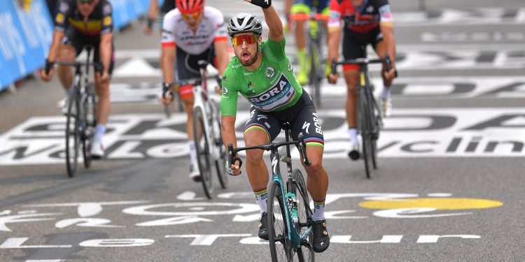 Peter Sagan (in green) celebrates as he crosses that finishing line to win the 13th stage of Tour de France, Friday