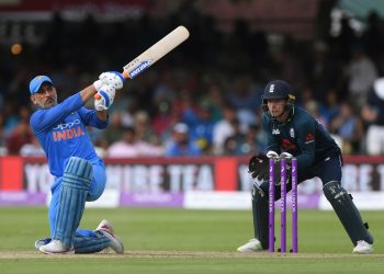 MS Dhoni plays a shot during his innings in the second ODI against England at the Lord's, Saturday
