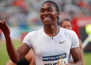 Caster Semenya celebrates after winning the women’s 800 metres in Paris, Saturday