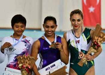 Dipa Karmakar (C) and other winners pose with their medals at Mersin, Turkey, Sunday