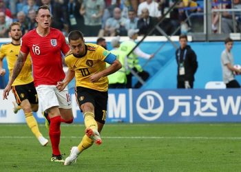 Belgium captain Eden Hazard (10) shoots to score his side’s second goal against England and help the nation achieve their best ever World Cup show 