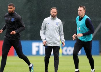 England coach Gareth Southgate (in jacket) looks on during an England training session, Thursday