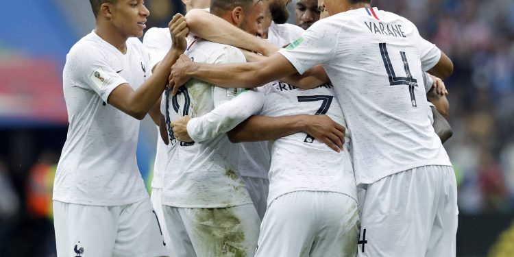 France players celebrate their second goal against Uruguay at the Nizhny Novgorod Stadium, Friday