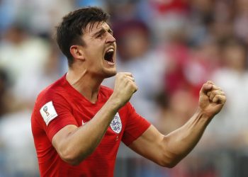 England's Harry Maguire celebrates after scoring against Sweden at the Samara Arena, Saturday