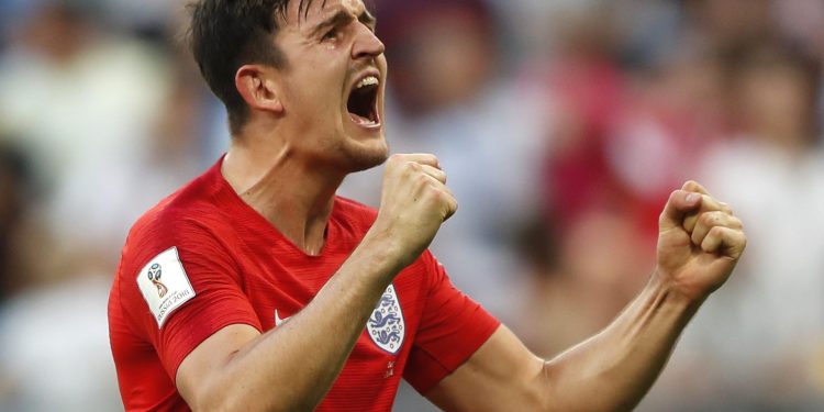 England's Harry Maguire celebrates after scoring against Sweden at the Samara Arena, Saturday