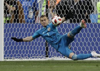 Igor Akinfeev saves the decisive penalty against Spain at the Luzhniki Stadium, Sunday