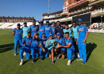 India A players pose with the winners’ shield at the Oval, Monday