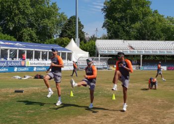 Indian cricketers go through their training drills at the Oval county ground, Tuesday. It is the bald condition of the outfield which prompted the team management to shorten the game 
