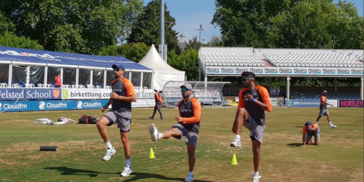 Indian cricketers go through their training drills at the Oval county ground, Tuesday. It is the bald condition of the outfield which prompted the team management to shorten the game 