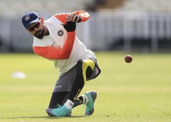 India captain Virat Kohli goes through some catching practice during their training session in Birmingham, Monday