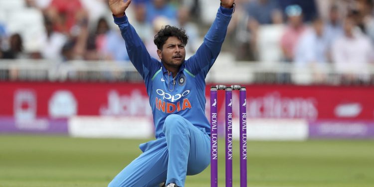 India’s Kuldeep Yadav appeals successfully for an English wicket during the first ODI at Nottingham, Thursday 