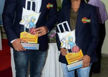 Rajesh Dhuper and Sushree Divyadarshini pose with their trophies and mementos at a city hotel in Bhubaneswar, Sunday       