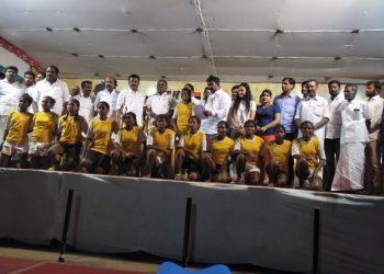Odisha girls’ team pose while receiving the runners-up trophy at Madurai, Sunday