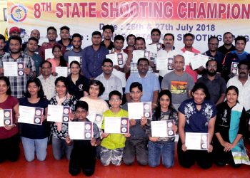 Winners of Odisha State Shooting Championship pose with their certificates along with guests in Bhubaneswar, Sunday      