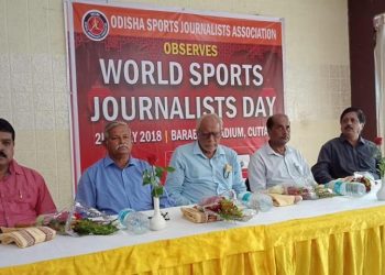 OSJA officials and dignitaries during the function to celebrate World Sports Journalists’ Day in Cuttack, Monday    