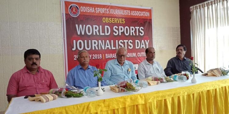 OSJA officials and dignitaries during the function to celebrate World Sports Journalists’ Day in Cuttack, Monday    
