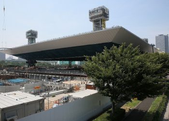A view of an under construction Olympics Aquatics Centre in Tokyo