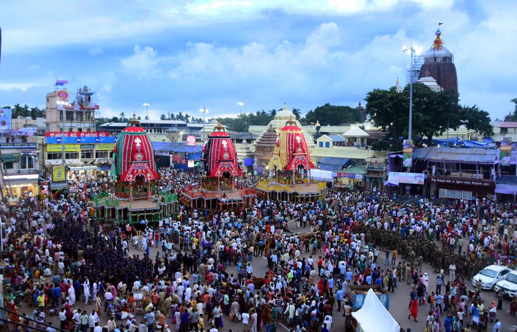 The chariots of Lords Jagannath, Subhadra and Balabhadra lined up on the main street near the Sri Jagannath temple in Puri Friday. The chariot festival commences Saturday.