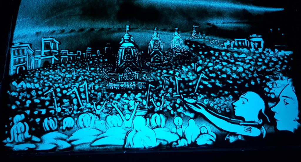 A sand animation created by Manas Sahu depicting the car festival of Lord Jagannath in Puri