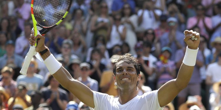 Rafael Nadal celebrates after winning against Alex de Minaur in London, Saturday