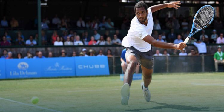 Ramkumar Ramanathan in action against Tim Smyczek at Newport, Saturday