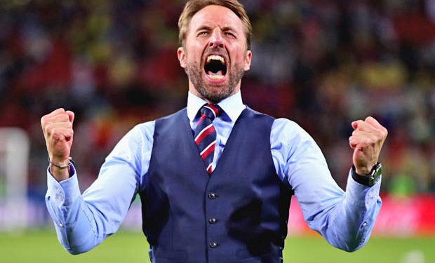 England manager Gareth Southgate is all pumped up after his side’s shootout win against Colombia, Tuesday 