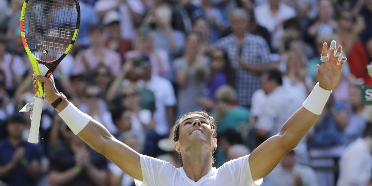 Rafa Nadal who has lost five first round matches in his last six visits to Wimbledon, celebrates his win Tuesday over Dudi Sela