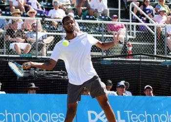 Ramkumar Ramanathan plays a forehand during the Hall of Fame Open final against Steve Johnson (not in picture), Sunday