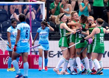 Irish players celebrate after scoring the goal against India, Thursday