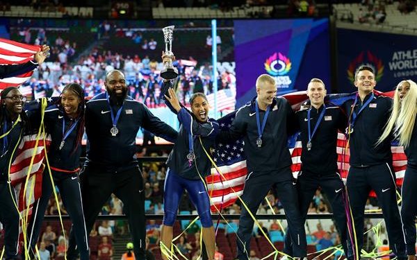 The USA team celebrate their victory in the Athletics World Cup in London, Sunday