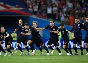 Croatia players celebrate after their win over Russia in the World Cup quarterfinal at Sochi, Saturday