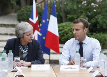 Bornes les Mimosas: French President Emmanuel Macron, right, meets with British Prime Minister Theresa May to discuss Brexit issues at the Fort de Bregancon in Bornes-les-Mimosas, southern France, Friday Aug. 3, 2018. AP/PTI(AP8_3_2018_000267B)
