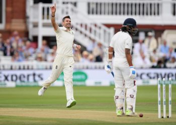 James Anderson celebrates after dismissing Murali Vijay at Lord's Cricket Ground