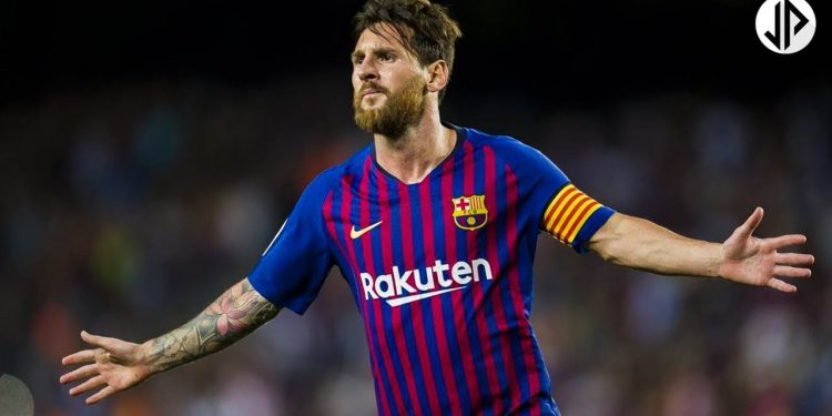 Barcelona captain Lionel Messi celebrates after scoring against Alaves at Camp Nou, Saturday