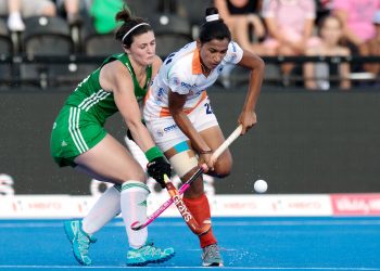Irish and Indian players in action during their quarterfinal match in the Women's Hockey Word Cup, Thursday