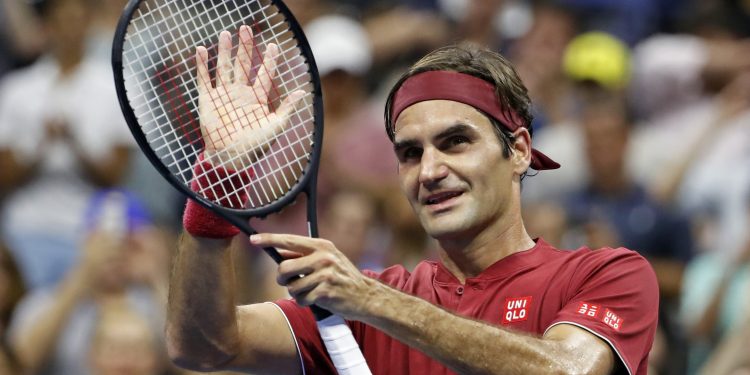 Roger Federer reacts after beating Yoshihito Nishioka in New York, Tuesday
