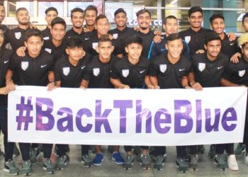The Indian U-20 footballers pose for a group photo upon their arrival Friday at New Delhi