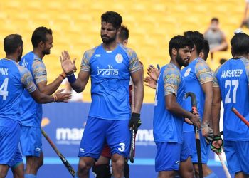 Rupinder Pal Singh (C) once again scored two goals for India as they defeated Japan in the Asian Games, Friday