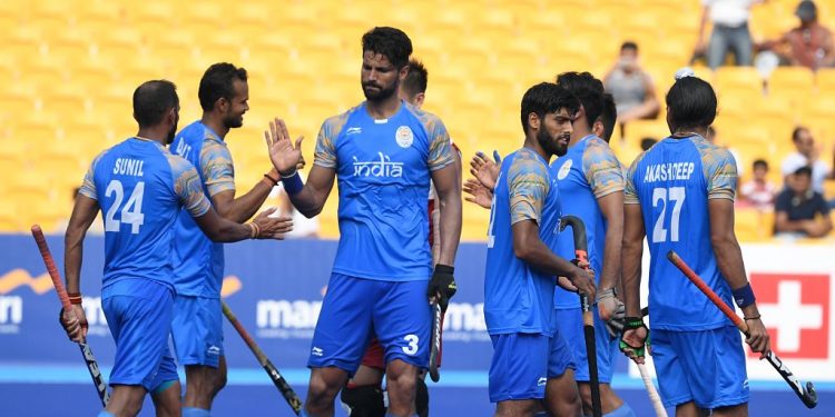 Rupinder Pal Singh (C) once again scored two goals for India as they defeated Japan in the Asian Games, Friday