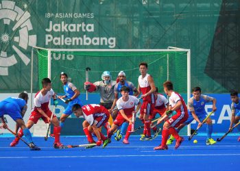 India and Hong Kong China players in action during the  men's hockey pool match at the Asian Games in Jakarta