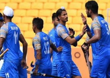 Indian players celebrate after scoring one of their goals against Sri Lanka at Jakarta, Tuesday