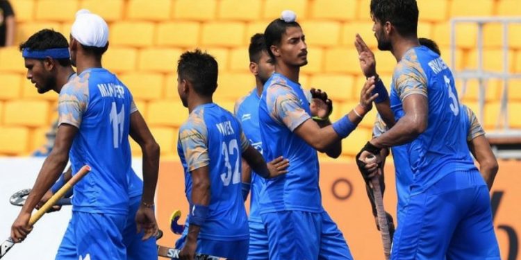 Indian players celebrate after scoring one of their goals against Sri Lanka at Jakarta, Tuesday