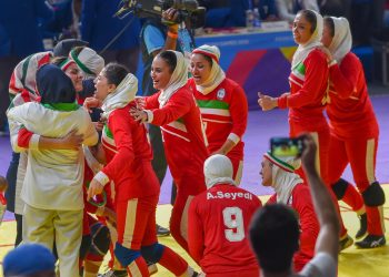 The victorious Iranian women's kabaddi team celebrate their win over India