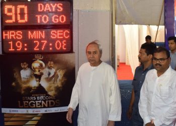 CM Naveen Patnaik unveils the countdown clock for the Men’s Hockey World Cup as sports and youth services minister Chandra Sarathi Behera looks on in Bhubaneswar, Wednesday