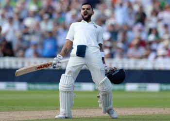 India captain Virat Kohli exults after reaching his maiden Test century on English soil at Edgbaston, Thursday