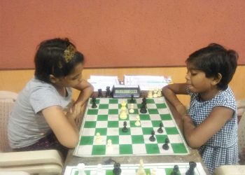 Arushi Srichandran (R) ponders over her next move against Anishka Pandey at Dhenkanal, Saturday      